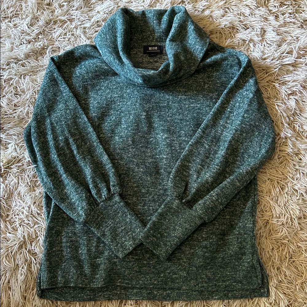 Maeve Green Cowl Neck Sweater with Puff Sleeves